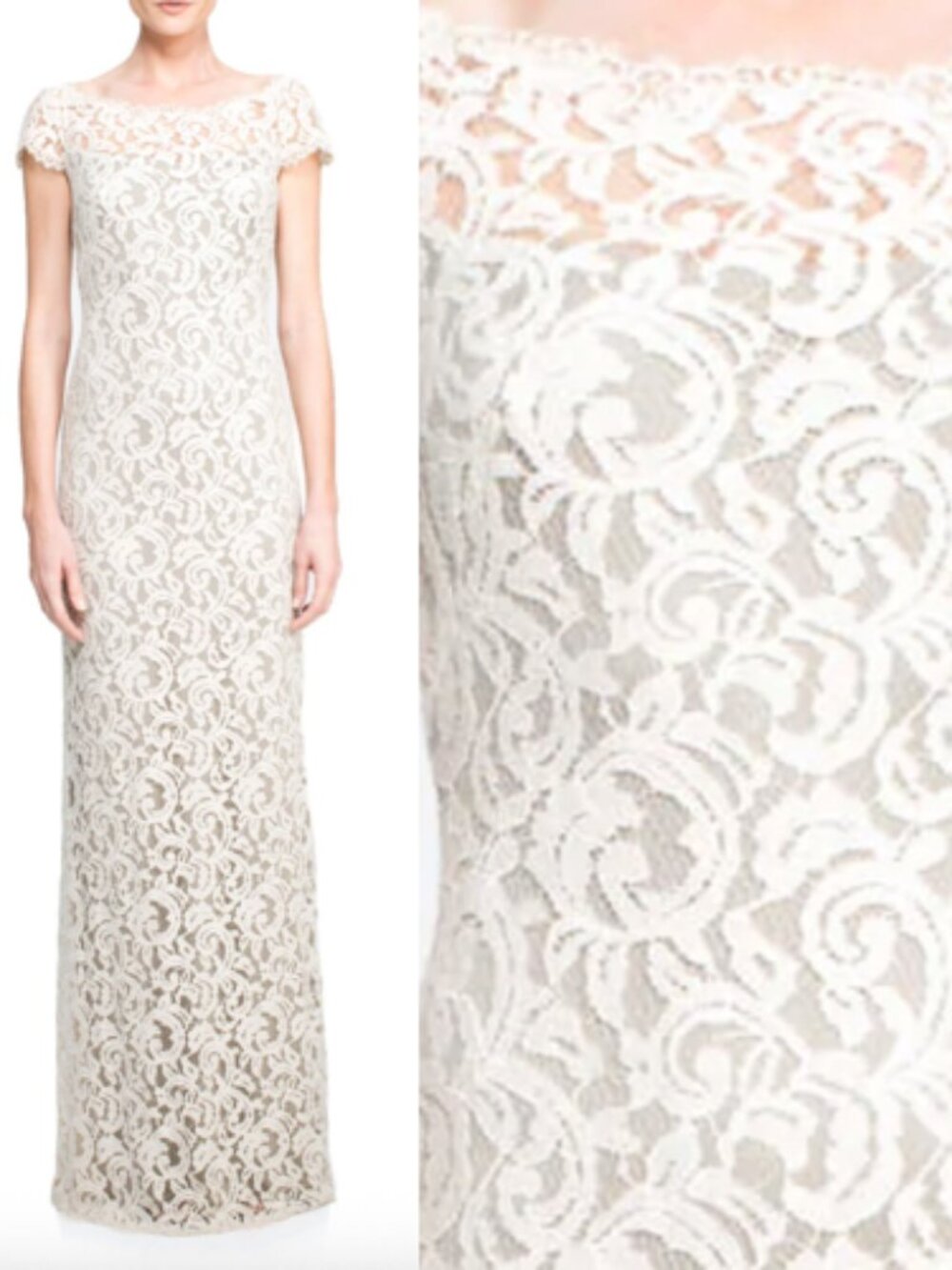 NWT Tadashi Shoji Embroidered Lace Cap Sleeve Gown Dress ACZ1812LY Latte size 2
